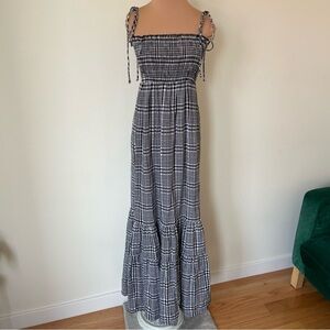 Blue Life Plaid Gingham Tiered Cotton Gauze Tie Strap Smocked Maxi Dress Sz XS/S